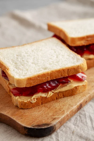 Homemade Peanut Butter Jelly Sandwich Rustic Wood Board Side View — 스톡 사진