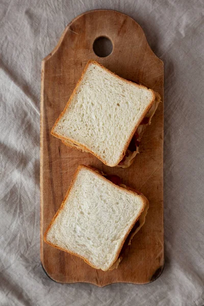 Homemade Peanut Butter Jelly Sandwich Rustic Wooden Board Top View — Stock Photo, Image