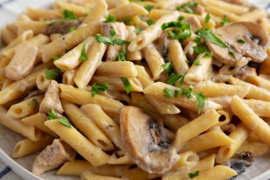 Tabakta maydanozlu ev yapımı kremalı tavuk kremalı marsala makarna. Yakın plan..