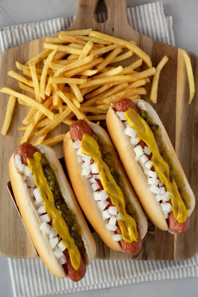 Homemade Deep Fried Hot Dogs Mustard Onion Pickle Relish Wooden — Stock Photo, Image