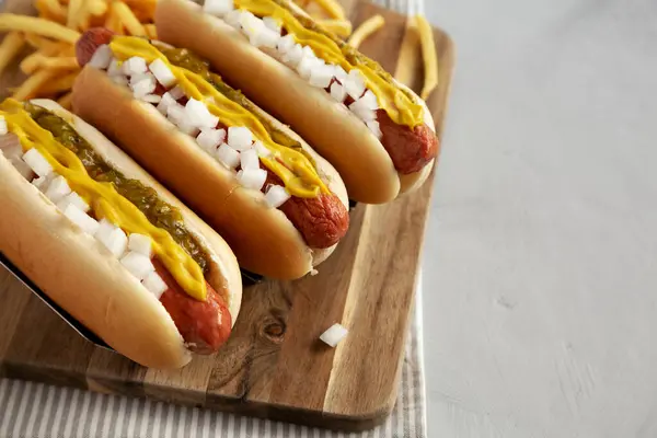 Homemade Deep Fried Hot Dogs Mustard Onion Pickle Relish Wooden — Stock Photo, Image