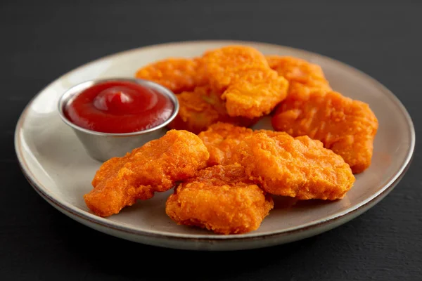 Homemade Spicy Chicken Nuggets Plate Black Background Side View — Stock Photo, Image