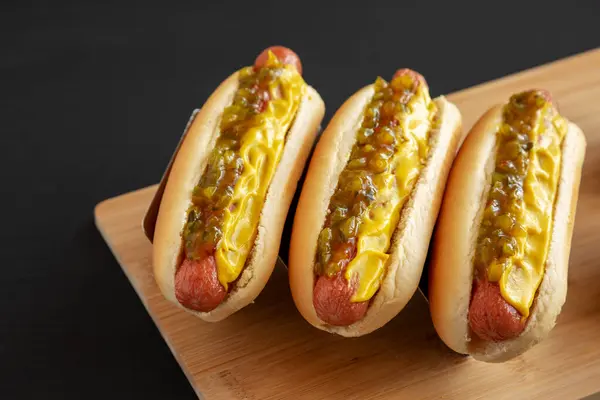 Homemade Gourmet Hot Dogs Sweet Relish Mustard Side View Copy — Stock Photo, Image