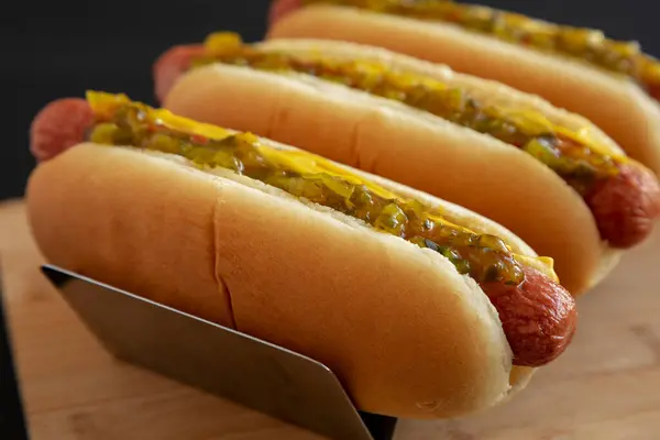 Homemade Gourmet Hot Dogs Sweet Relish Mustard Side View Close — Stock Photo, Image