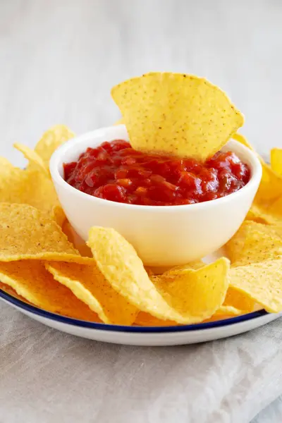 Hausgemachte Salsa Und Tortilla Chips Auf Einem Teller Seitenansicht Nahaufnahme — Stockfoto