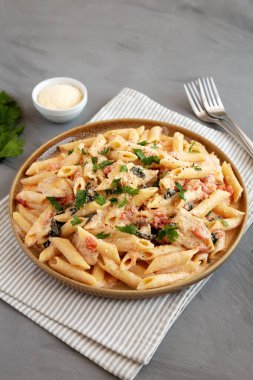 Tabakta ev yapımı kremalı tavuklu makarna, yan manzara..