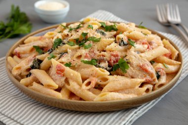 Tabakta ev yapımı kremalı tavuklu makarna, yan manzara..