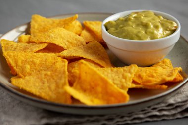 Ev yapımı Guacamole, yanında da yanında patates kızartması. Yakın plan..
