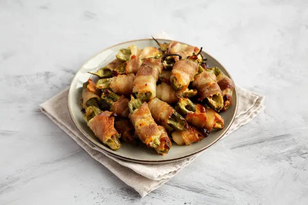 Homemade Bacon Wrapped Jalapeno Poppers Plate Side View Royalty Free Stock Images