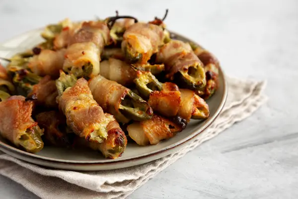 Homemade Bacon Wrapped Jalapeno Poppers Plate Low Angle View Close Stock Photo