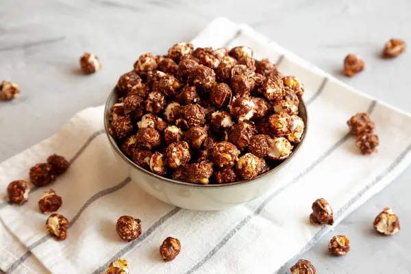 Homemade Chocolate Caramel Popcorn Bowl Side View Royalty Free Stock Images