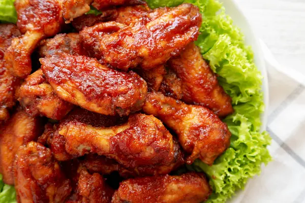 Homemade Honey Bbq Chicken Wings Plate Top View Flat Lay Stock Photo