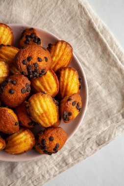 Tabakta ev yapımı çikolatalı Madeleines, en iyi manzara. Yukarıdan, dümdüz yatıyordu. Boşluğu kopyala.