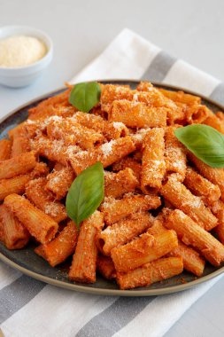 Ev yapımı Votka Rigatoni Makarnası Parmesan ve Basil, yan görüş..