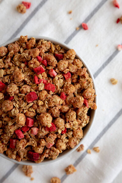 Healthy Homemade Granola Strawberries Bowl Top View Overhead — Stock Photo, Image
