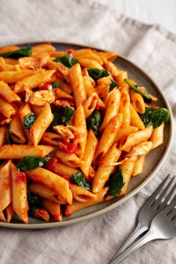 Homemade One-Pot Spinach And Tomato Pasta on a Plate, side view.  clipart