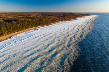 Kışın Baltık Denizi 'nin manzaralı manzarası. Kumda kar. Çam ormanı. Hava görünümü.