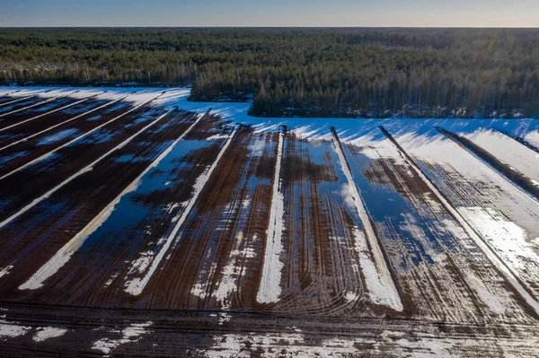 Top Drone View Early Spring Dirty Field Puddles Melting Ice — Stock Photo, Image