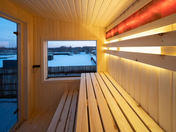 Interior Pequena Sauna Madeira Finlandês Com Porta Vidro Casa Privada — Fotografia de Stock