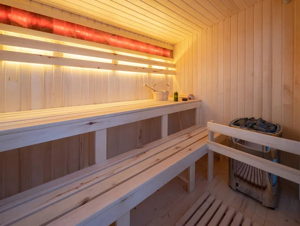 Interior Una Pequeña Sauna Finlandesa Madera Casa Privada Lujo —  Fotos de Stock