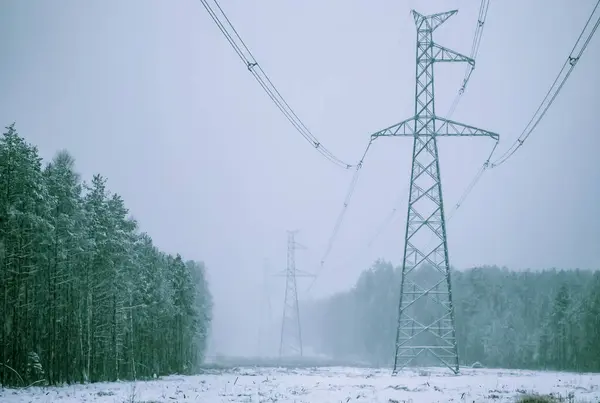 Hoogspanning Elektriciteitsleidingen Torens Buurt Bos Winter — Stockfoto
