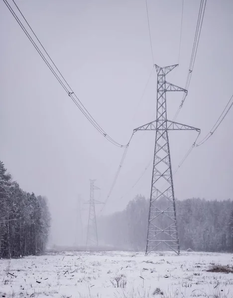 Linea Elettrica Alta Tensione Torreggia Vicino Alla Foresta Inverno — Foto Stock