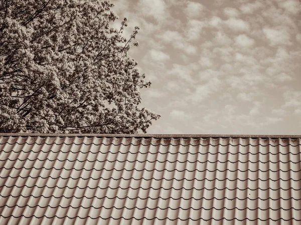 赤いタイルの屋根 ブルースカイのクラウド グリーンツリー — ストック写真