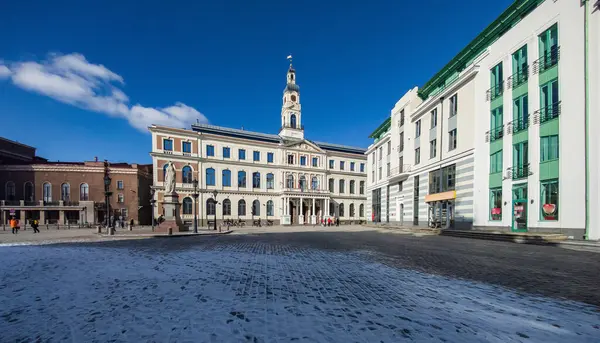 Riga City Hall Square Clock Tower Modern Architecture Latvia Tourism — Stock Photo, Image