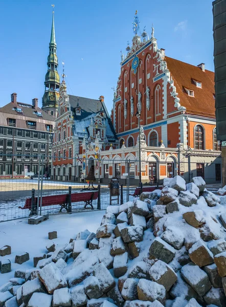 Pile Rocks Snow Town Hall Square House Blackheads Riga Latvia — Stock Photo, Image