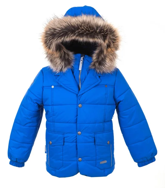 Stylish Winter Clothes Children Blue Jacket White Background — Stock Photo, Image