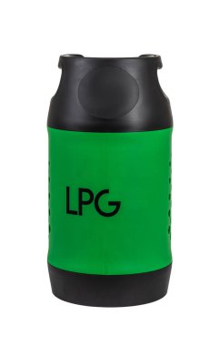 Siyah ve yeşil LPG gaz silindiri veya propan tankı, beyaz arkaplanda izole edilmiş.