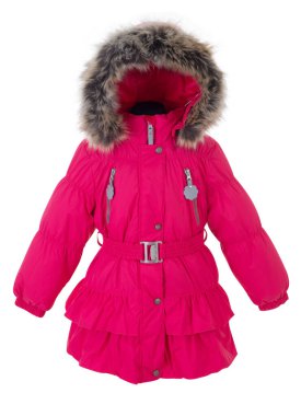 Beyaz arka plandaki kızlar için şık bir kışlık ceket. Kaputun üzerindeki kürk.