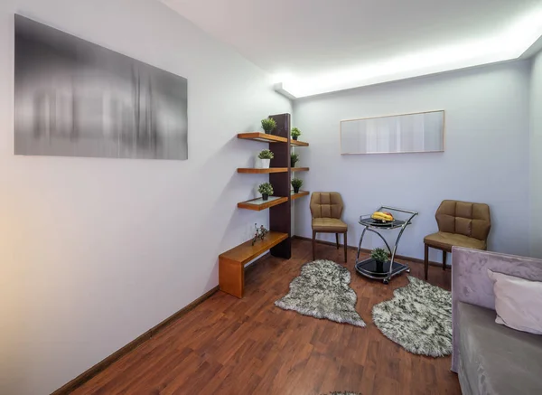 Moderní Interiér Obývacího Pokoje Luxusním Bytě Rostliny Dřevěných Policích Ovoce — Stock fotografie