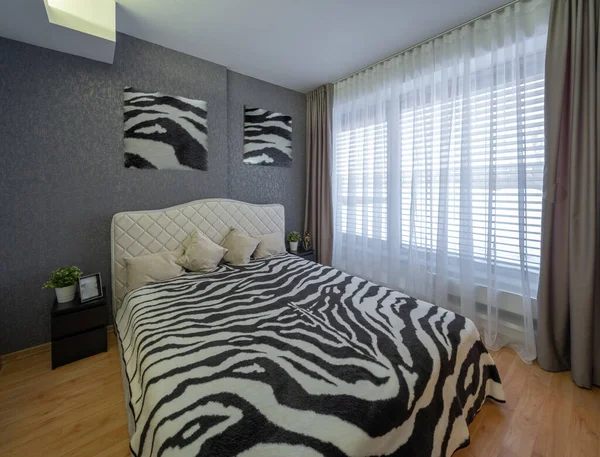 Lüks Özel Evdeki Yatak Odasının Modern Mekanı Sıcak Yatak Zebra — Stok fotoğraf