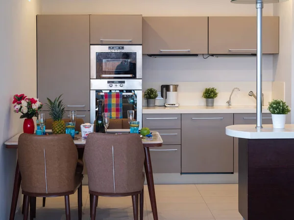 Interior Modern Dapur Apartemen Studio Mewah Dekorasi Rumah Meja Dan — Stok Foto