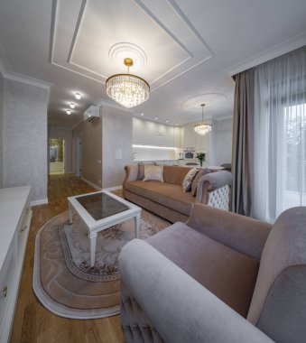 Modern bir dairede oturma odası. Stüdyo. Parke.