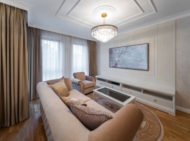 Modern bir dairede oturma odası. Stüdyo. Parke.