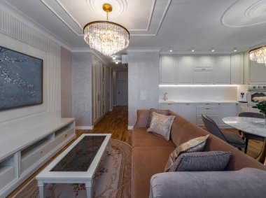 Modern bir dairede oturma odası. Stüdyo. Parke.