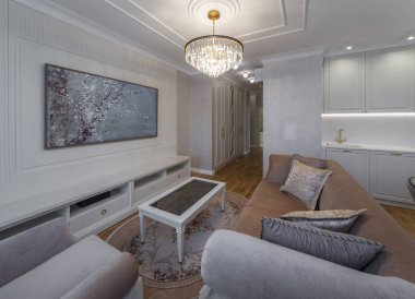 Modern bir dairede oturma odası. Stüdyo. Parke.