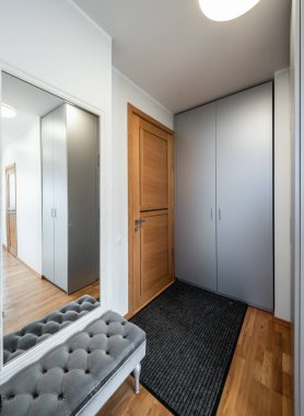 Ahşap zemin, parke döşeme ve kanepesi olan boş modern oturma odası.