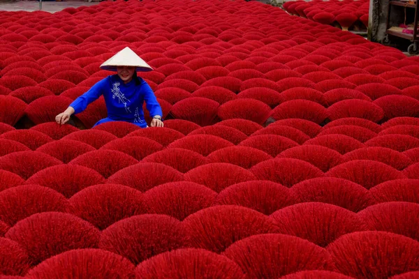 Geleneksel bir ao dai elbisesi giymiş Asyalı kadın Hanoi, Vietnam 'da tütsü paketlerini kurutmak için çalışıyor..
