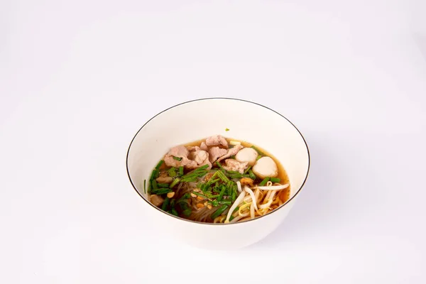 Noodles Pork Pork Balls Soup Thai Style White Bowl — Stock Photo, Image