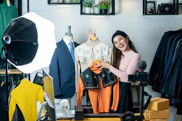 stock image Asia blogger or Vlogger live streaming reviewing product on Business online influencer on social media, Content creator concept.