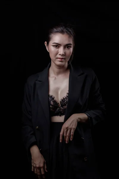Sexy Asijské Žena Černé Krajky Prádlo Podprsenka Sexuálně Izolované Černém — Stock fotografie