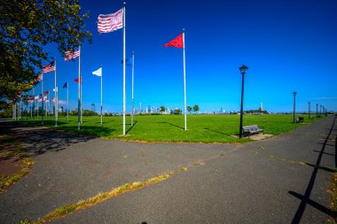 Liberty State Park 'tan New York Limanı, Manhattan ve Özgürlük Anıtı, Jersey City, NJ, ABD