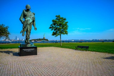 Liberty State Park 'tan New York Limanı, Manhattan ve Özgürlük Anıtı, Jersey City, NJ, ABD