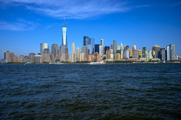 Views on New York Harbor, Manhattan and Statue of Liberty from the Liberty State Park, Jersey City, NJ, USA
