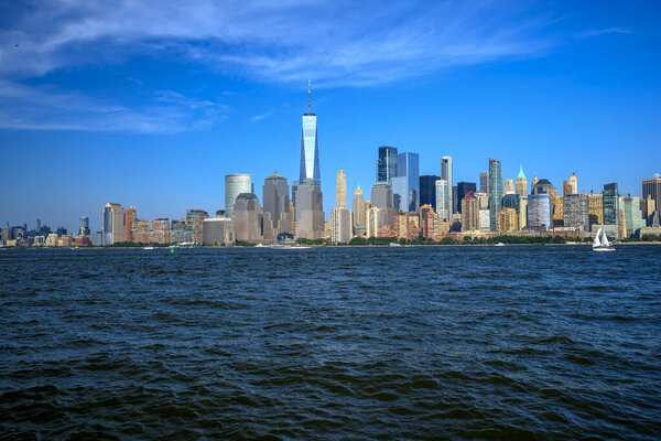Views on New York Harbor, Manhattan and Statue of Liberty from the Liberty State Park, Jersey City, NJ, USA