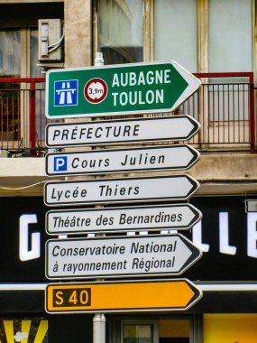 Road signs of landmarks in Marseille, France
