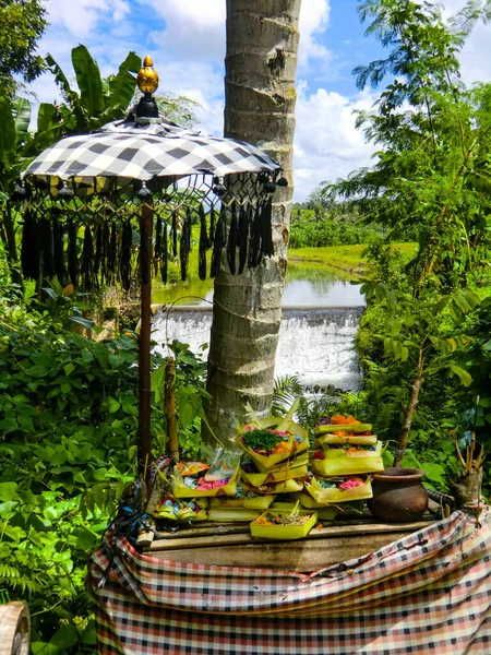 Rieten Manden Met Bloemen Bloemen Als Offer Hindoe Tempel Taman — Stockfoto